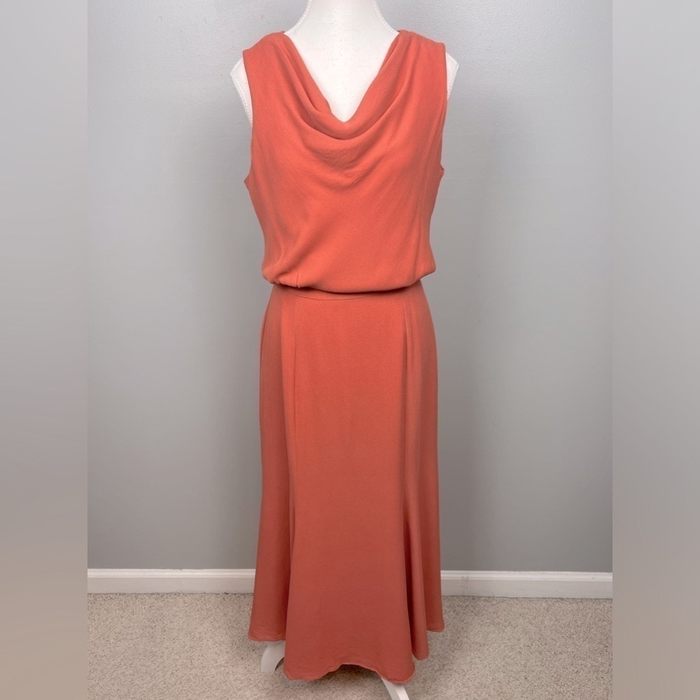 YL by Yair light orange 100% silk sleeveless drape neck midi dress, size 10.